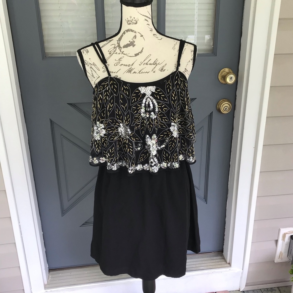 Lovers + Friends Black Cotton Sequin Bodice Open Back Mini Dress Sz Small S
